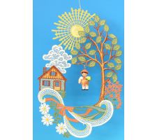 Fensterbild Haus mit Sonne bunt mit Blumenmädchen - 197/182/09