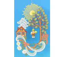 Fensterbild Haus mit Sonne bunt mit Blumenjunge - 197/182/10