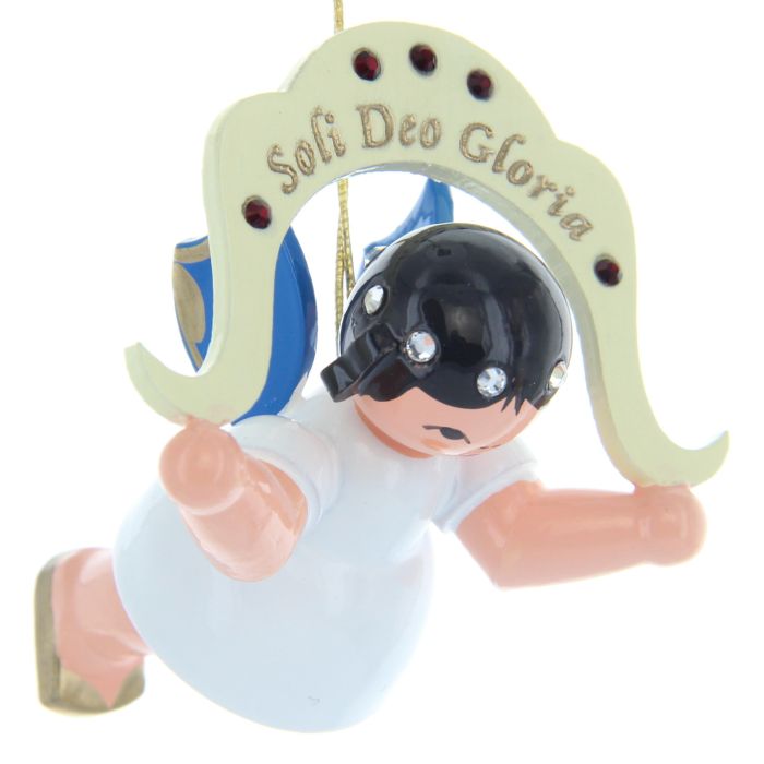 Engel schwebend "Soli Deo Gloria", blaue Flügel - 199/062/121B